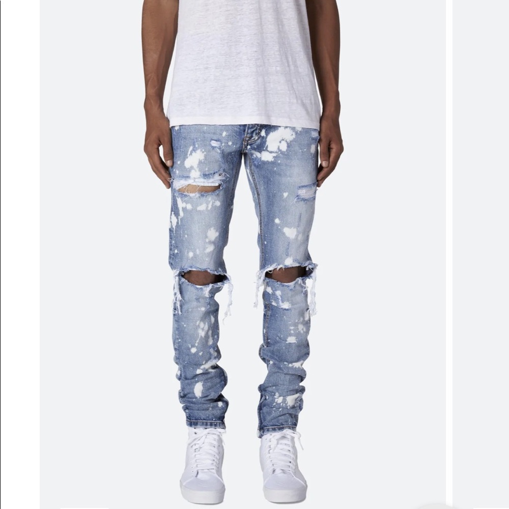 MNML M1 SPLASH SLIM DENIM BLUE JEANS Distressed Ripped Splatter size 34 NWT